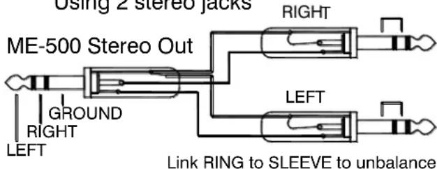 Using 2 stereo jacks ME-500 Stereo Out GROUND RIGHT LEFT Link RING to SLEEVE to unbalance