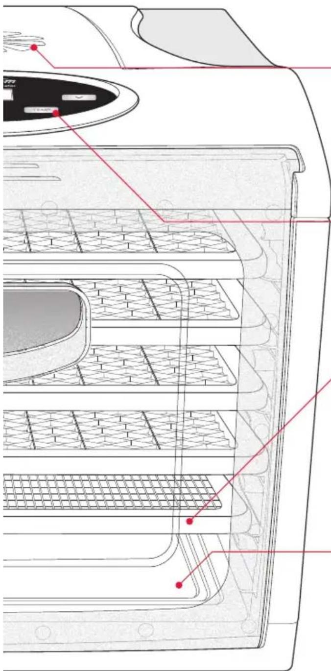 Technical diagram of a refrigerator interior with labeled components and red annotations indicating features.