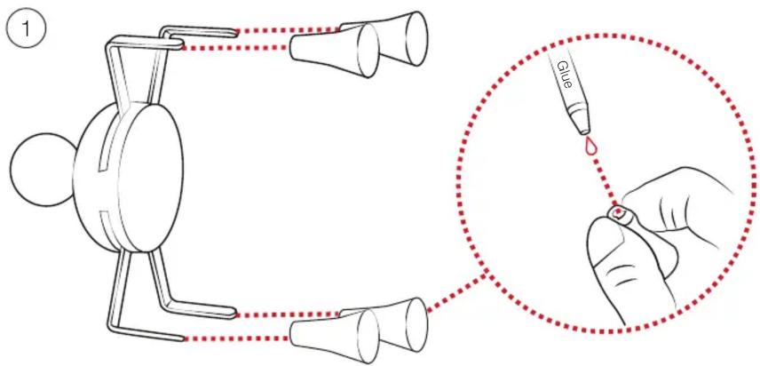 Diagram illustrating a glue application technique with labeled parts and a magnified view of the tip.
