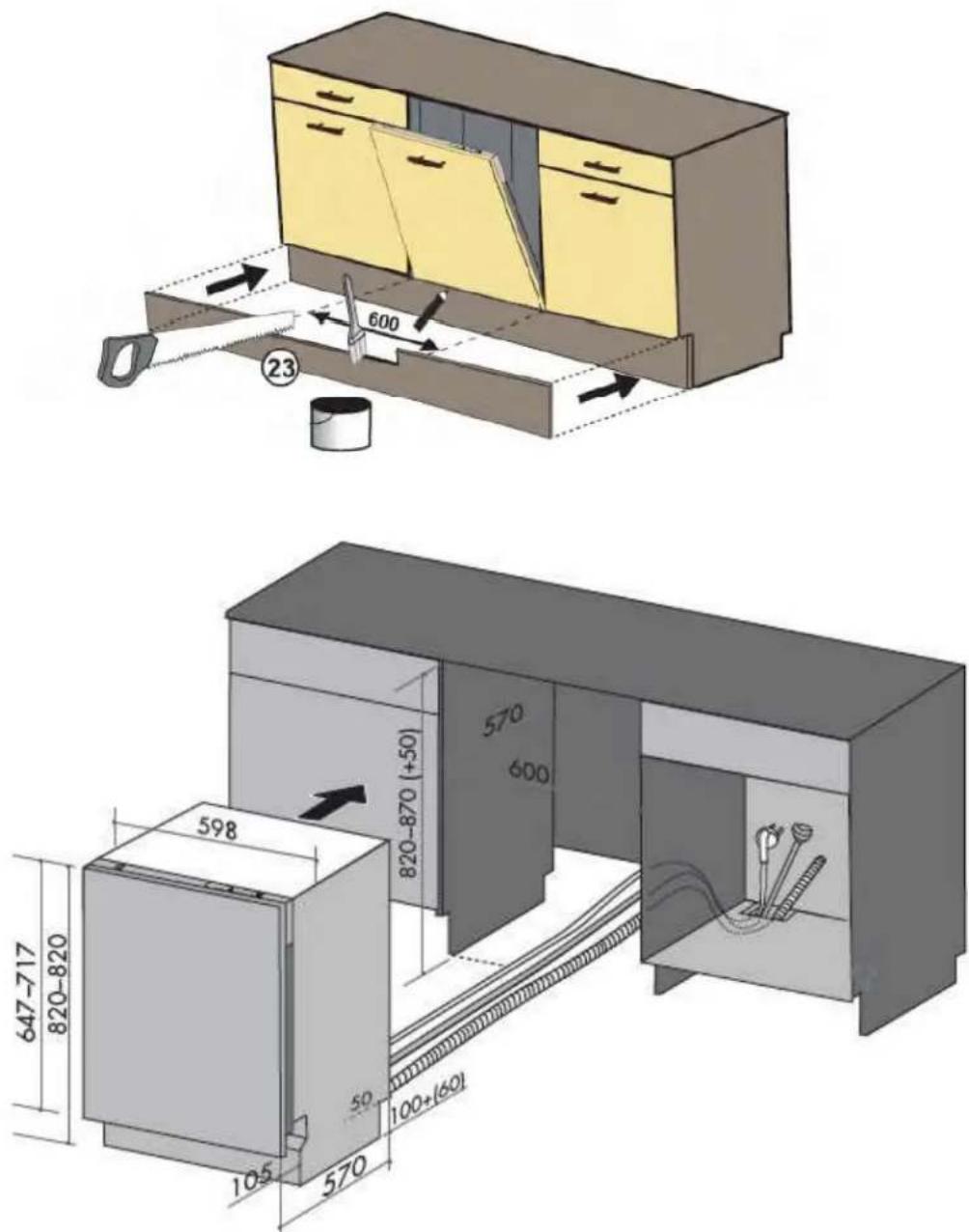 Technical diagram showing interior layout and dimensions of a cabinet with labeled measurements in millimeters.
