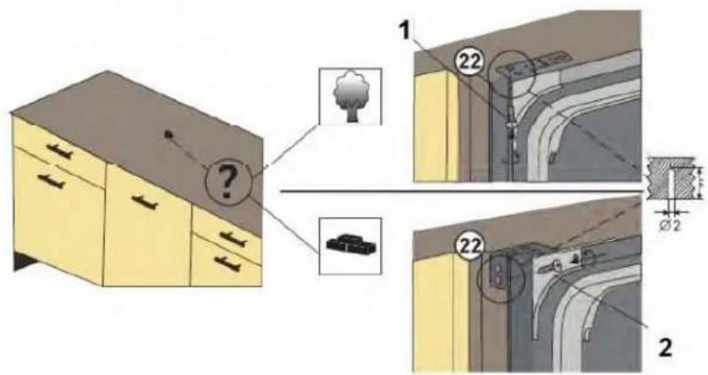 Technical diagram showing a cabinet with labeled parts and construction details, including a tree icon and two cross-sectional views with annotations.