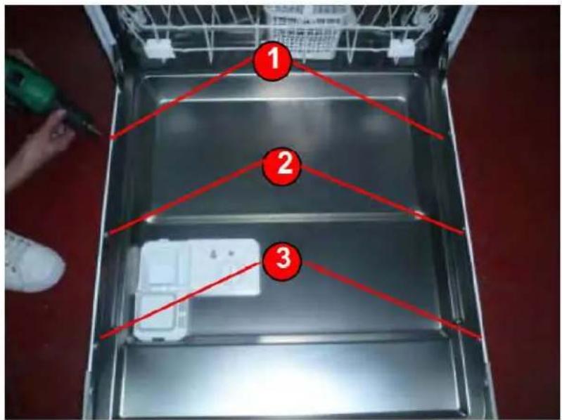 Diagram of a kitchen appliance with numbered red lines indicating assembly or inspection steps