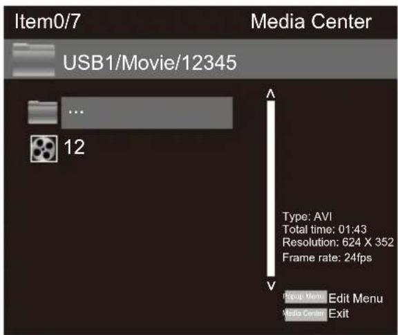 Item0/7 USB1/Movie/12345 Media Center ... 12 Type: AVI Total time: 01:43 Resolution: 624 X 352 Frame rate: 24fps Group Menu Edit Menu Media Center Exit