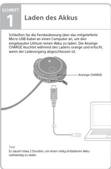 SCHRITT 1 Laden des Akkus Schließen Sie die Fernbedienung über das mitgeliefte Micro-USB-Kabel an einen Computer an, um den eingesbauten Lithium-Ionen-Aiku zu laden. Die Anzeige CHARGE leuchtet während des Ladens orange und erlsicht, wenn der Ladevorgang abgeschlossen ist. Anzeige CHARGE Tipp Es dauert etwa 2 Stunden, um einen völlig entladenen Aiku virkloendt zu laden.