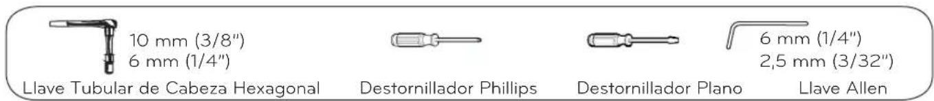 10 mm (3/8") 6 mm (1/4") Llave Tubular de Cabeza Hexagonal 6 mm (1/4") Destornillador Phillips 6 mm (1/4") 2,5 mm (3/32") Destornillador Plano Llave Allen