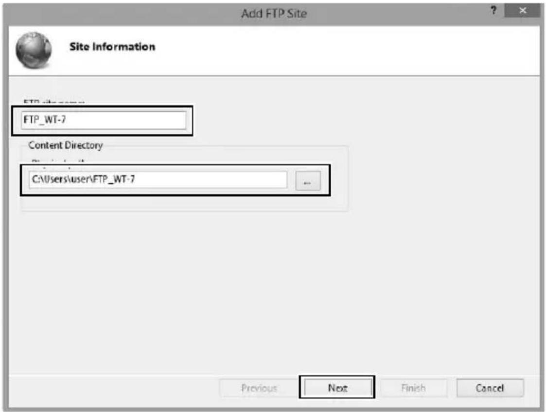 Add FTP Site Site Information FTP_WT-7 Content Directory C:\Users\user\FTP_WT-7 Previous Next Finish Cancel