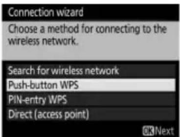Connection wizard Choose a method for connecting to the wireless network. Search for wireless network Push-button WPS PIN-entry WPS Direct (access point) OK Next