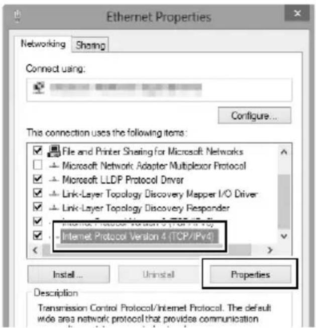 Ethernet Properties Networking Sharing Connect using: Configure... This connection uses the following items: File and Printer Sharing for Microsoft Networks Microsoft Network Adapter Multiplexor Protocol Microsoft LLDP Protocol Driver Link-Layer Topology Discovery Mapper I/O Driver Link-Layer Topology Discovery Responder Internet Protocol Version 3 (TCP/IPv4) Internet Protocol Version 4 (TCP/IPv4) Install... Uninstall Properties Description Transmission Control Protocol/Internet Protocol. The default wide area network protocol that provides communication