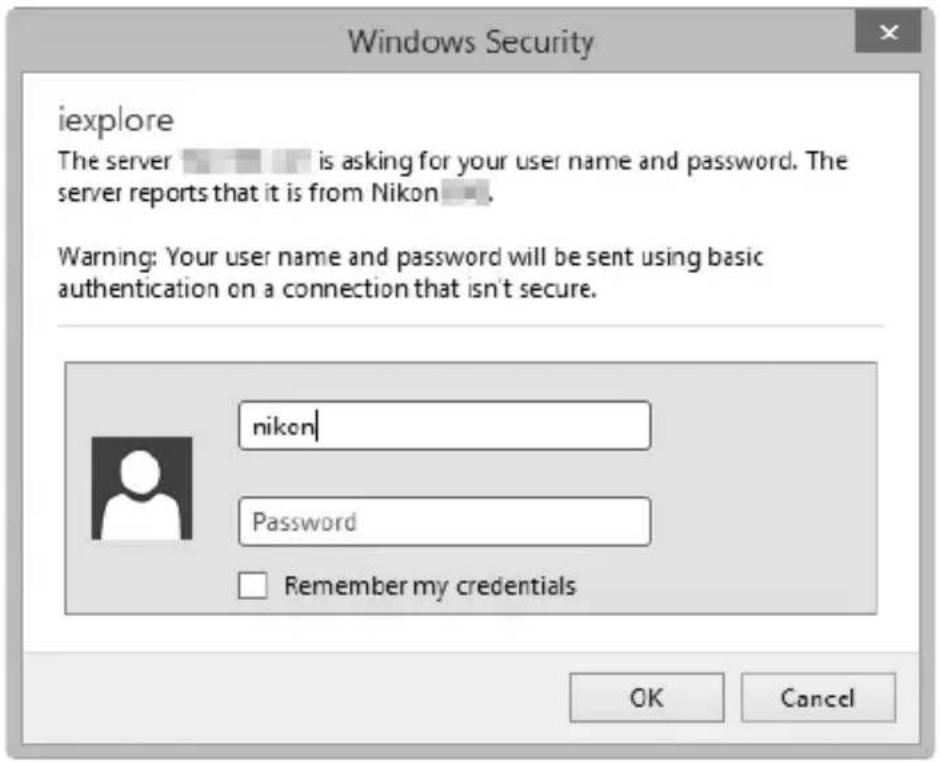Windows Security iexplore The server is asking for your user name and password. The server reports that it is from Nikon. Warning: Your user name and password will be sent using basic authentication on a connection that isn't secure. nikon/ Password Remember my credentials OK Cancel