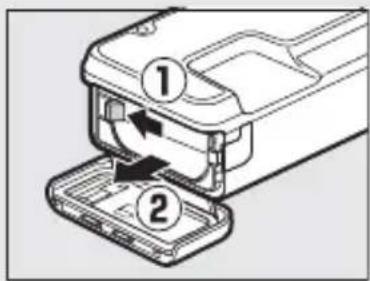 Diagram showing two labeled components of a device with arrows indicating movement or assembly, numbered 1 and 2.