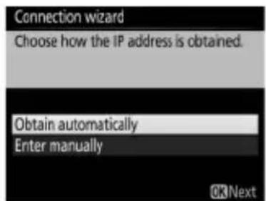 Connection wizard Choose how the IP address is obtained. Obtain automatically Enter manually OKNext