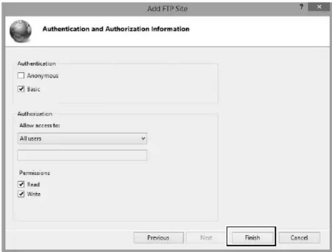 Add FTP Site Authentication and Authorization Information Authentication Anonymous Basic Authorization Allow access to: All users Permissions Read Write Previous Next Finish Cancel Finish