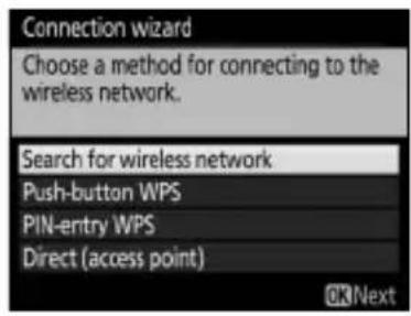 Connection wizard Choose a method for connecting to the wireless network. Search for wireless network Push-button WPS PIN-entry WPS Direct (access point) OKNext