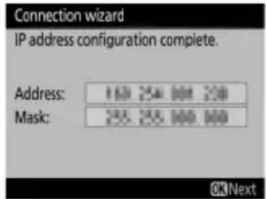 Connection wizard IP address configuration complete. Address: 150 254.000 200 Mask: 255.255.000.000 OKNext