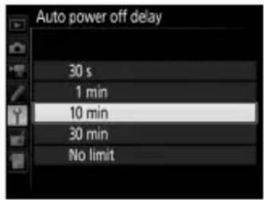 Auto power off delay 30 s 1 min 10 min 30 min No limit