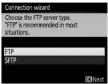 Connection wizard Choose the FTP server type. "FTP" is recommended in most situations. FTP SFTP OKNext