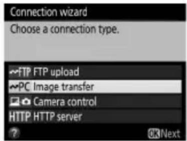 Connection wizard Choose a connection type. FTP FTP upload PC Image transfer Camera control HTTP HTTP server ?