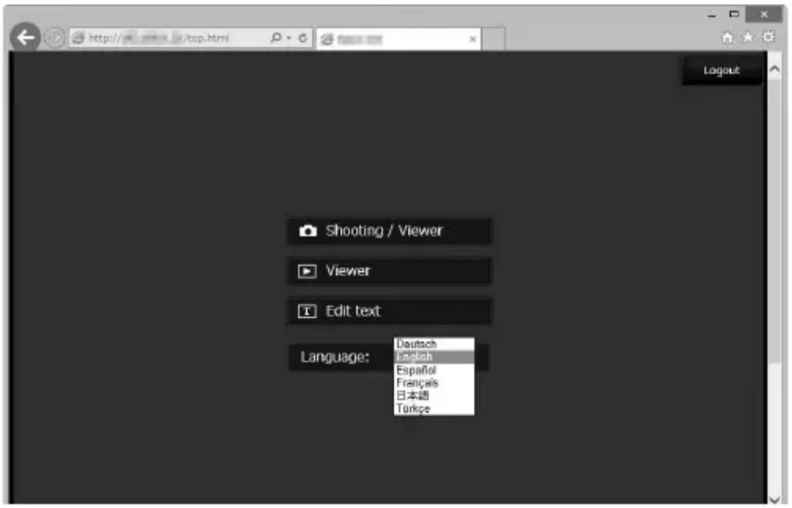 Shooting / Viewer Viewer Edit text Language: Deutsch English Español Français 日本語 Türkçe