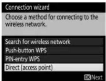 Connection wizard Choose a method for connecting to the wireless network. Search for wireless network Push-button WPS PIN-entry WPS Direct (access point) OK Next