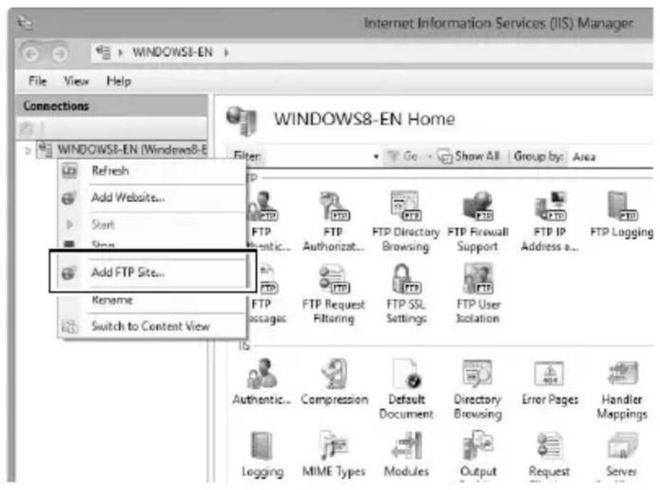 Internet Information Services (IIS) Manager File View Help Connections WINDOWS8-EN (Windows8-E) Refresh Add Website... Start Shop Add FTP Site... Rename Switch to Content View WINDOWS8-EN Home Filter Go Show All | Group by: Area FTP FTP FTP Directory Browsing FTP Firewall Support FTP IP Address a... FTP Logging FTP FTP Request Filtering FTP SSL Settings FTP User Isolation Authentic... Compression Default Document Directory Browsing Error Pages Handler Mappings Logging MIME Types Modules Output Request Server