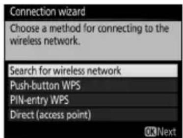 Connection wizard Choose a method for connecting to the wireless network. Search for wireless network Push-button WPS PIN-entry WPS Direct (access point) OK/Next