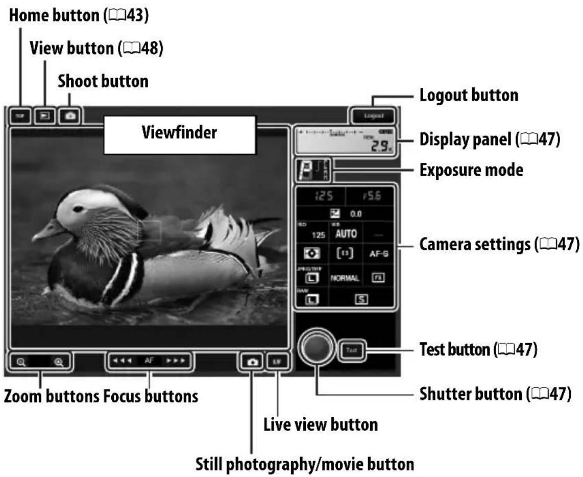 Home button (43) View button (48) Shoot button Viewfinder Zoom buttons Focus buttons Live view button Still photography/movie button Logout button Display panel (47) Exposure mode Camera settings (47) Test button (47) Shutter button (47)
