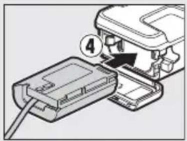 Diagram showing a device being inserted into a battery pack, with labeled component 4 indicating insertion or repair.