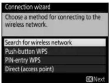 Connection wizard Choose a method for connecting to the wireless network. Search for wireless network Push-button WPS PIN-entry WPS Direct (access point) OK/Next