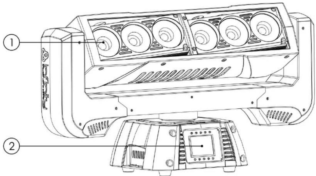 Technical diagram of a device with labeled components, showing internal structure and exploded view