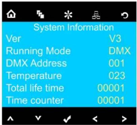 System Information Ver V3 Running Mode DMX DMX Address 001 Temperature 023 Total life time 00001 Time counter 00001