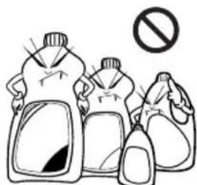Illustration of three labeled chemical containers with a prohibition symbol above them, likely indicating hazardous substances or solutions.