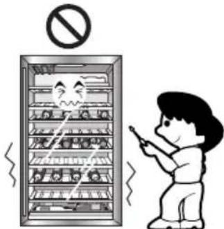 Cartoon showing a person using a smartphone to stop a refrigerator with a 'no' sign above, indicating no smoking or disinfection.