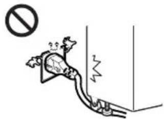 Safety warning illustration showing a person using a plug to stop a wall with a 'no' symbol and a lightning bolt symbol nearby.