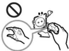 Safety warning illustration showing hand holding a device with no stop symbol