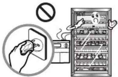 Safety warning illustration showing a hand using a power switch to clean air from an electric refrigerator, with no text or symbols present.