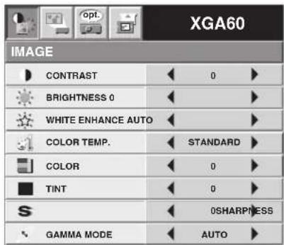 XGA60 IMAGE CONTRAST BRIGHTNESS 0 WHITE ENHANCE AUTO COLOR TEMP. STANDARD COLOR TINT 0SHARPNESS GAMMA MODE AUTO