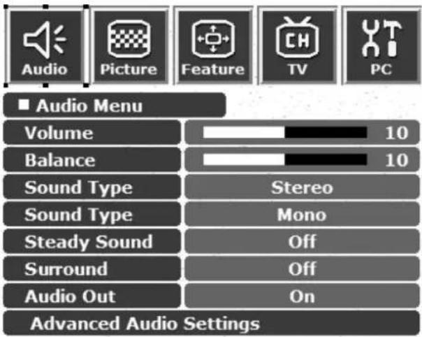 Audio Picture Feature TV PC ■ Audio Menu Volume 10 Balance 10 Sound Type Stereo Sound Type Mono Steady Sound Off Surround Off Audio Out On Advanced Audio Settings