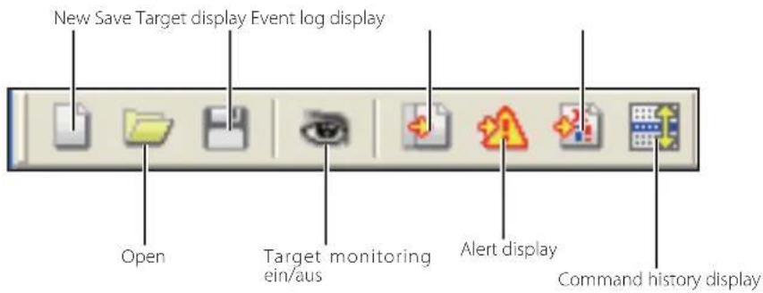 New Save Target display Event log display Open Target monitoring ein/aus Alert display Command history display