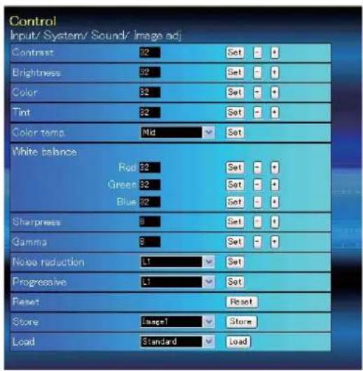 Control Input/ System/ Sound/ image adj Contrast 32 Set # Brightness 32 Set # Color 32 Set # Tint 32 Set # Color temp Mid Set White balance Rod 32 Set # Green 32 Set # Blue 32 Set # Sharpness 8 Set # Gamma 8 Set # Noise reduction L1 Set Progressive L1 Set Reset Reset Store Image1 Store Load Standard Load