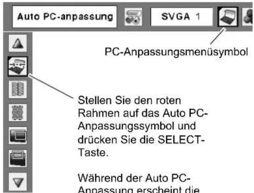Auto PC-anpassung SVGA 1 PC-Anpassungsmenüsymbol Stellen Sie den roten Rahmen auf das Auto PC-Anpassungssymbol und drücken Sie die SELECT-Taste. Während der Auto PC-Anpassung erscheint die