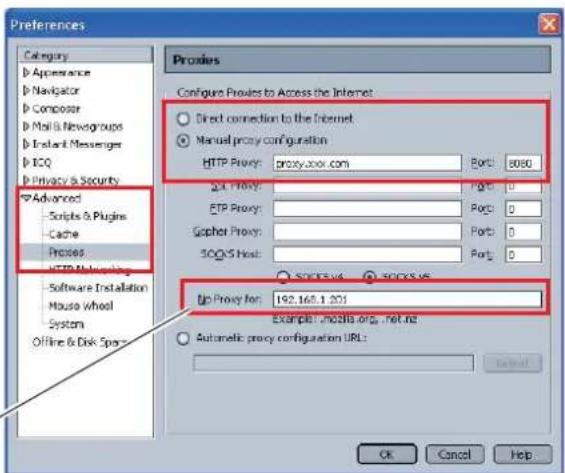 Preferences Category Appearance Navigator Composer Mail & Newgroups Instant Messaging ICQ Privacy & Security Advanced Scripts & Plugins Cache Processes FTP Privacy Software Installation Mouse Wheel System Offline & Disk Spence Proxies Configure Proxies to Access the Internet Direct connection to the Internet Manual proxy configuration HTTP Proxy: proxy.oox.com Port: 8080 SQL Proxy: Port: 0 FTP Proxy: Port: 0 Gopher Proxy: Port: 0 SOCS Host: Port: 0 Up Proxy for: 192.165.1.201 Example: https.org, net.ina Automatic proxy configuration URL: OK Cancel Help