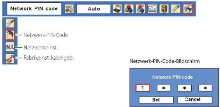 Network PIN code Auto Netzwerk-PIN-Code Netzwerkinst. Fabrikeinst. kabelgeb. Netzwerk-PIN-Code-Bildschirm Network PIN code 1 * * * Set Cancel