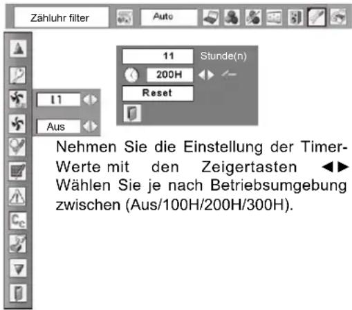 Zähluhr filter Auto Stunde(n) 200H Reset 11 Aus Nehmen Sie die Einstellung der Timer- Werte mit den Zeigertasten ◀► Wählen Sie je nach Betriebsumgebung zwischen (Aus/100H/200H/300H).