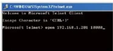 C:\WINDOWS\System32\telnet.exe Welcome to Microsoft Telnet Client Escape Character is 'GTRL+1' Microsoft Telnet> open 192.168.1.201 10000_