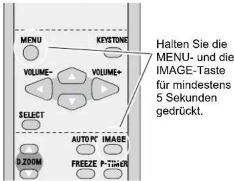 MENU KEYSTONE VOLUME- VOLUME+ SELECT AUTO PC IMAGE D.ZOOM FREEZE P-TIMER Halten Sie die MENU- und die IMAGE-Taste für mindestens 5 Sekunden gedrückt.