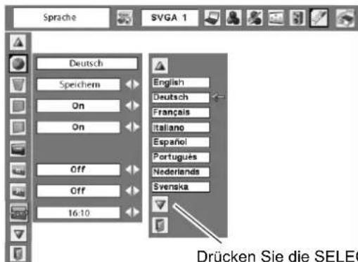 Sprache SVGA 1 Deutsch Speichem On On Off Off 16:10 English Deutsch Français Italiano Español Portugues Nederlands Svenska Drücken Sie die SELEC