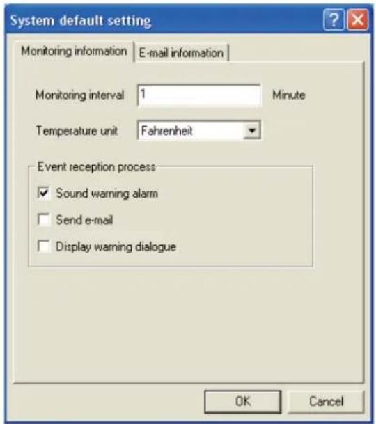 System default setting Monitoring information | E-mail information | Monitoring interval 1 Minute Temperature unit Fahrenheit Event reception process ✓ Sound warning alarm ☐ Send e-mail ☐ Display warning dialogue OK Cancel