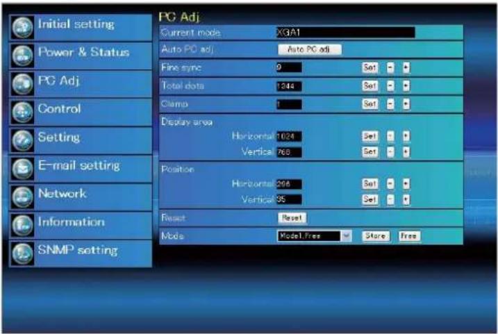 Initial setting Power & Status PC Adj Control Setting E-mail setting Network Information SNMP setting PG Adj Current mode XGA1 Auto PC adj Auto PC adj Fine sync 9 Set - + Total data 1344 Set - + Clamp 1 Set - + Display area Horizontal 1024 Set - + Vertical 768 Set - + Position Horizontal 296 Set - + Vertical 95 Set - + Reset Reset Mode Model.Free Store Free