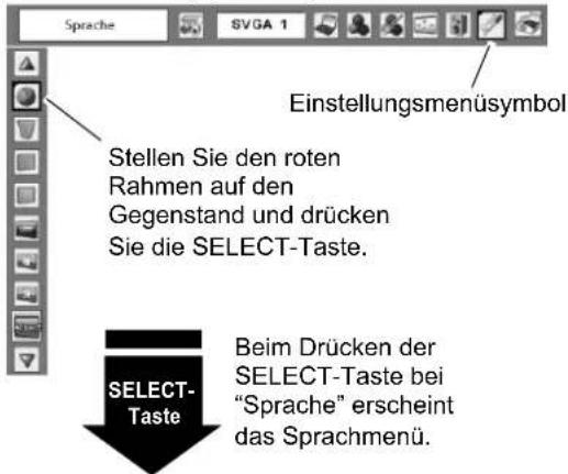 Sprache SVGA 1 Einstellungsmenüsymbol Stellen Sie den roten Rahmen auf den Gegenstand und drücken Sie die SELECT-Taste. SELECT- Taste Beim Drücken der SELECT-Taste bei "Sprache" erscheint das Sprachmenü.