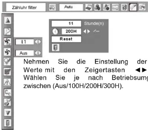 Zähluhr filter Auto Stunde(n) 200H Reset 11 Aus Nehmen Sie die Einstellung der Werte mit den Zeigertasten ◀► Wählen Sie je nach Betriebsumg zwischen (Aus/100H/200H/300H).